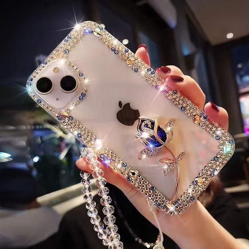 Luxury Apple iPhone Case, MagSafe Compatible, Camera Lens & Screen Protection, Ultra Thin, Shockproof, Magnetic Full All Around Cover – Diamond Bling Rhinestone Case with Glitter Rose Design for Sparkling Protection