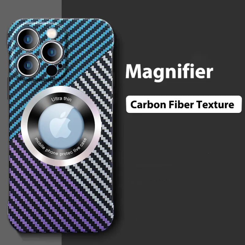 Ultra-Thin Carbon Fiber MagSafe Case – Frameless Matte PC Cover with Logo Hollow and Magnetic Ring for iPhone Models