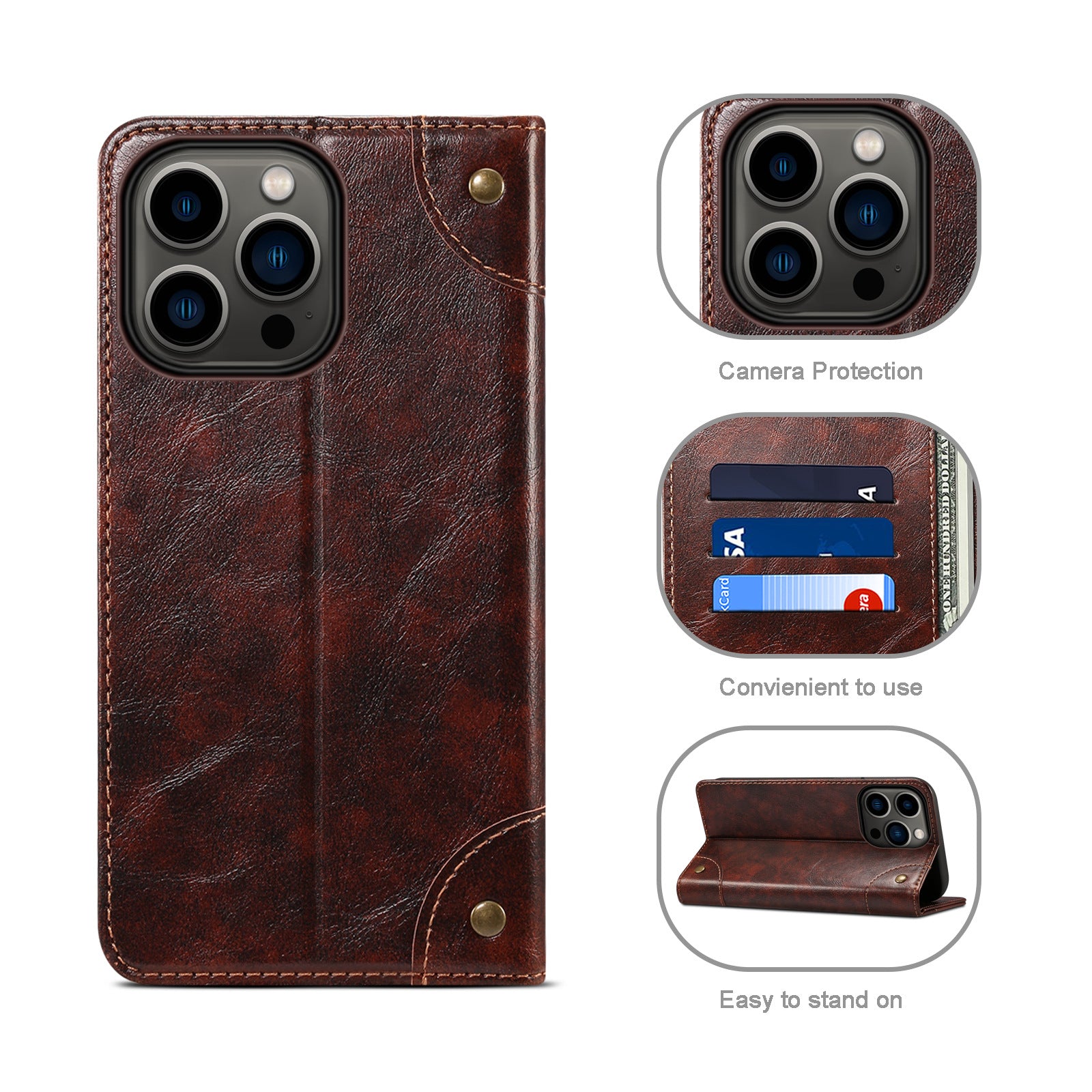 Retro Leather Wallet iPhone Case – Magnetic Closure, Card Slots, Shockproof Protection Durable PU Leather Cover for iPhone