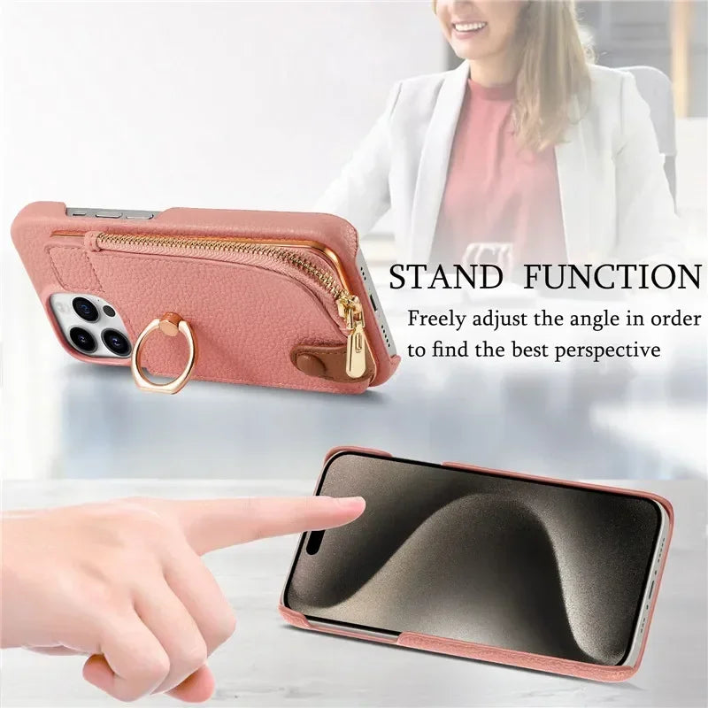 Luxury Leather Zipper Wallet iPhone Case – Card Holder, Ring Kickstand, Shockproof Cover for iPhone Models