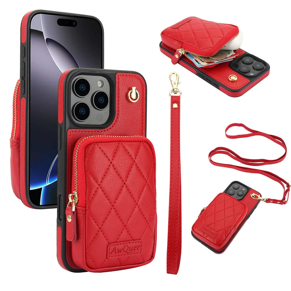 Luxury Crossbody Lanyard iPhone Case – Zipper Wallet Leather Cover with Card Holder, and Full Protection for iPhone Models