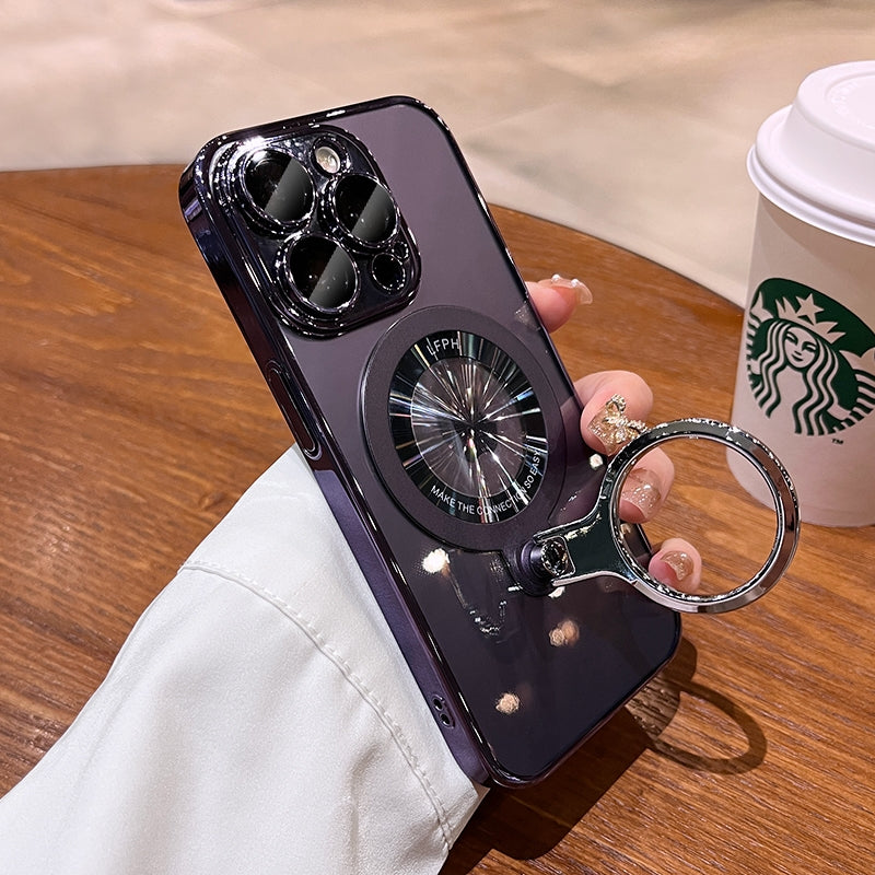 Luxury Ring Holder - Transparent Hard Acrylic Cover, Built-in Bracket, Magnetic Wireless Charging Compatible Case for iPhone