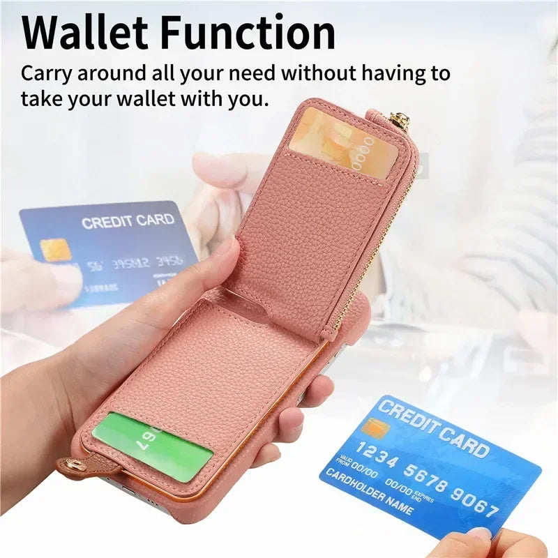 Luxury Leather Zipper Wallet iPhone Case – Card Holder, Ring Kickstand, Shockproof Cover for iPhone Models