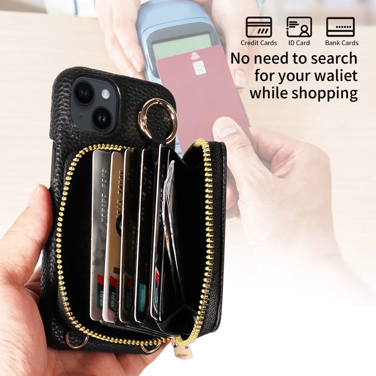 Luxury Zipper Wallet Crossbody iPhone Case Leather Cover with Card Holder Lanyard Strap and Full Protection for iPhone Models