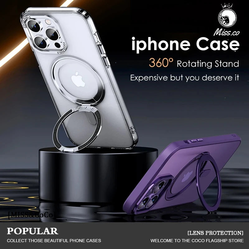 Luxury Magnetic 360° Rotating Stand Frosted Transparent Cover with Ring Holder Shockproof & Hands-Free Design Case for iPhone