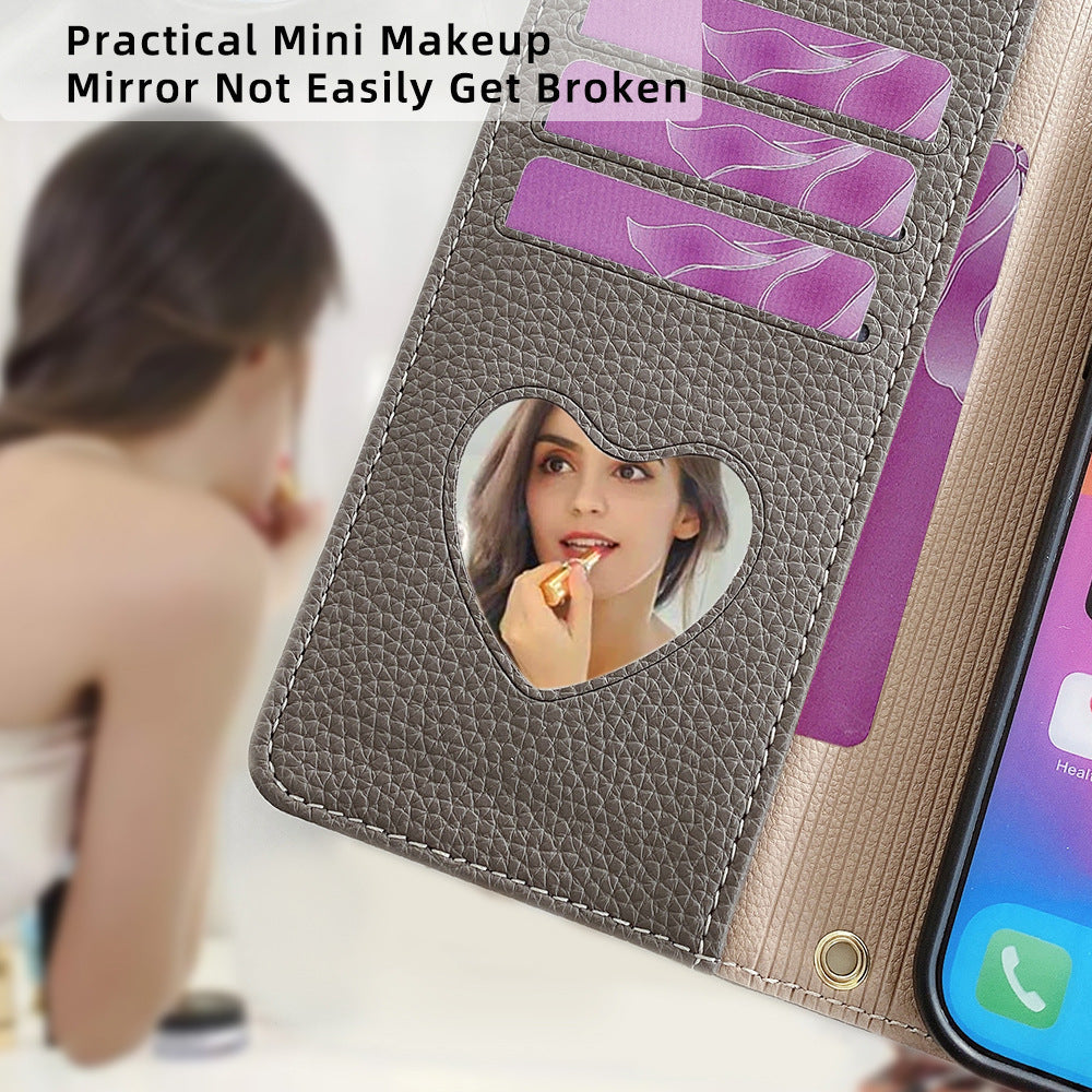 Premium Leather Crossbody Wallet Case for iPhone - Flip Mirror Design, Long Lanyard, Shockproof Protection for iPhone Models