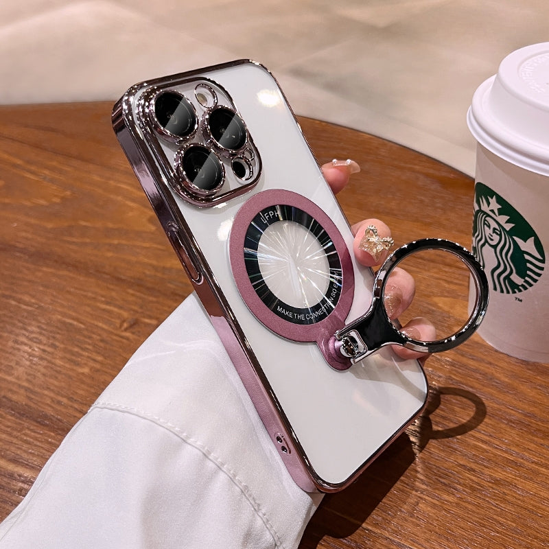 Luxury Ring Holder - Transparent Hard Acrylic Cover, Built-in Bracket, Magnetic Wireless Charging Compatible  Case for iPhone