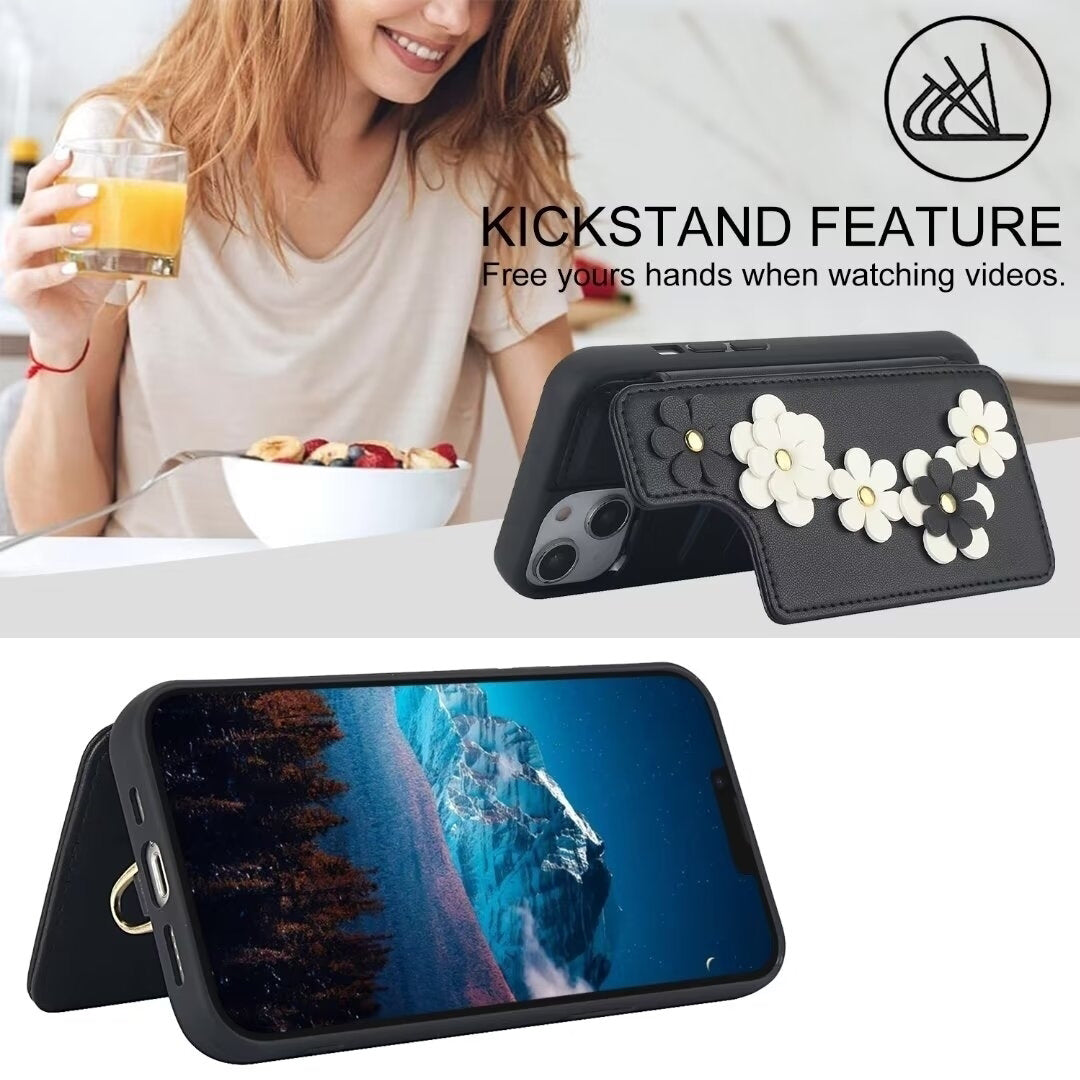 Luxury Crossbody Wallet Leather iPhone Case – 3D Flower Design, Card Slot, Wrist Strap, Magnetic Closure, Protective Cover