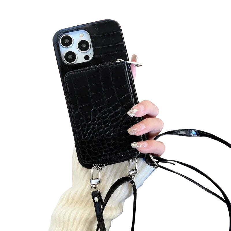 Luxury Crossbody Crocodile Skin iPhone Case – Zipper Wallet, Card Holder, Shockproof Protection, and Elegant Design for Secure & Stylish Convenience