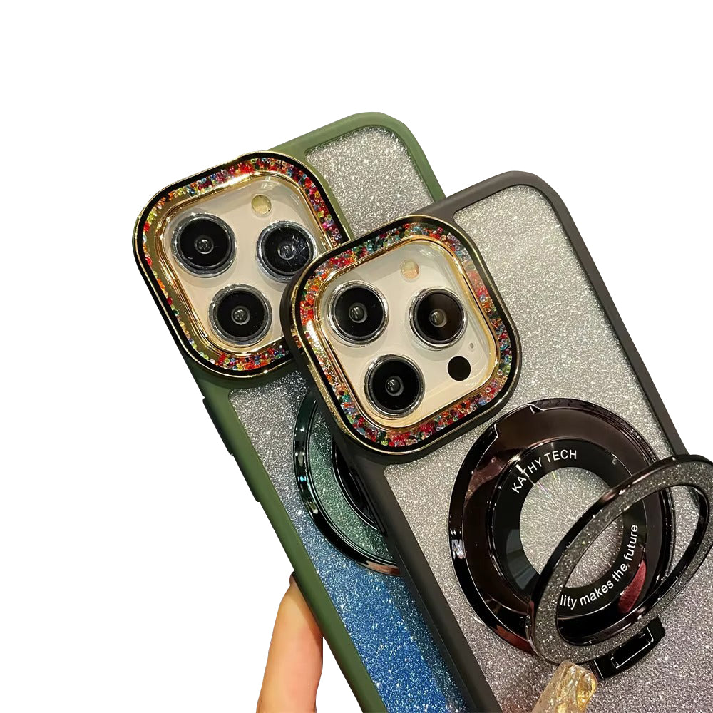 Luxury Apple iPhone Case, MagSafe Compatible, Camera Lens & Screen Protection, Ultra Thin, Shockproof, Magnetic Full All Around Cover – Gradient Glitter Diamond Case with Stand Holder & Wireless Charging Support