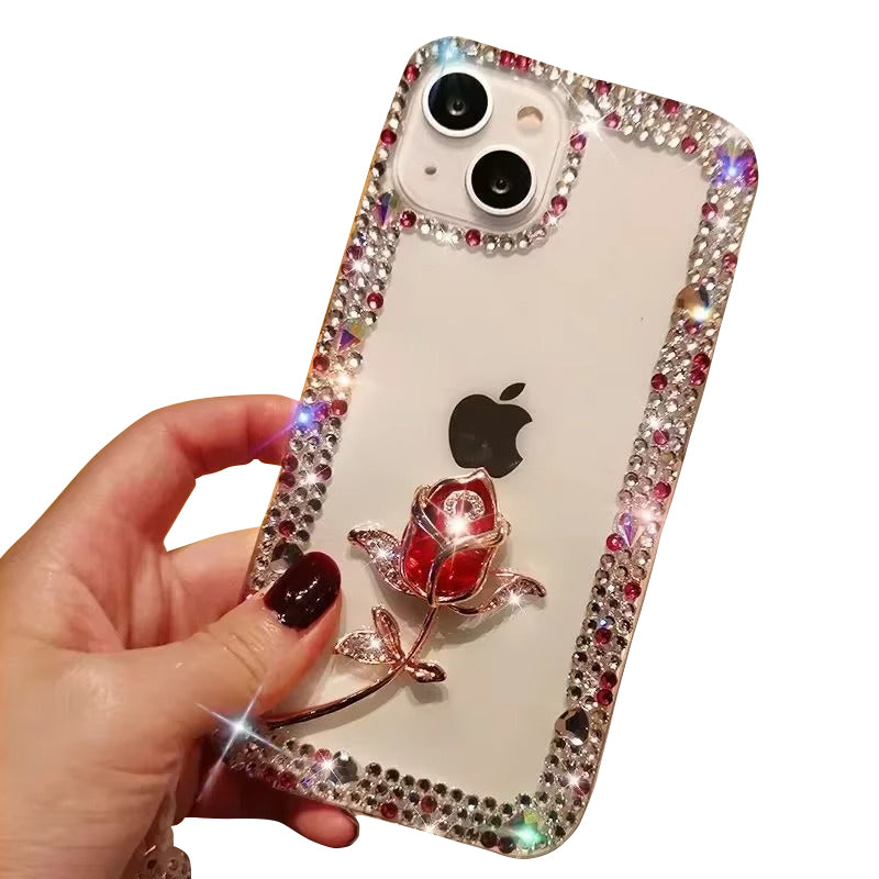Luxury Apple iPhone Case, MagSafe Compatible, Camera Lens & Screen Protection, Ultra Thin, Shockproof, Magnetic Full All Around Cover – Diamond Bling Rhinestone Case with Glitter Rose Design for Sparkling Protection