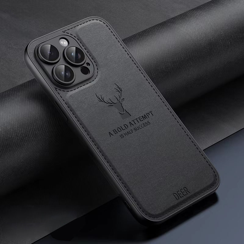 Luxury Cloth Leather Texture iPhone Case – Deer Head Pattern, Shockproof, Stylish Design for Daily Use | Case for iPhone