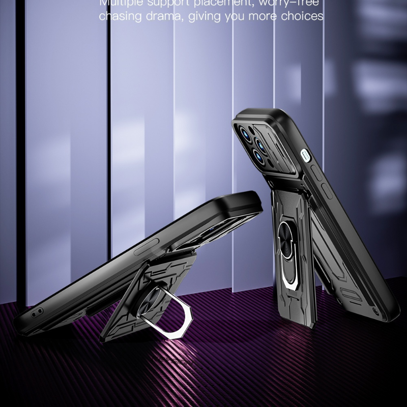 Hidden Slide Card Slot iPhone Case – Lens Protection, Magnetic Ring Stand, Shockproof Cover for iPhone Models