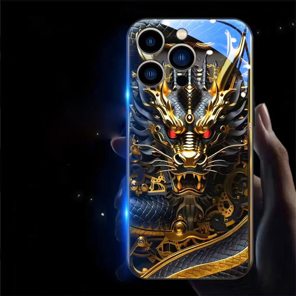 Premium Apple iphone  Case, LED Flash, Sound Reactive, Shockproof, Ultra Thin, Full Body Protection, Golden Dragon Luminous Glass Cover