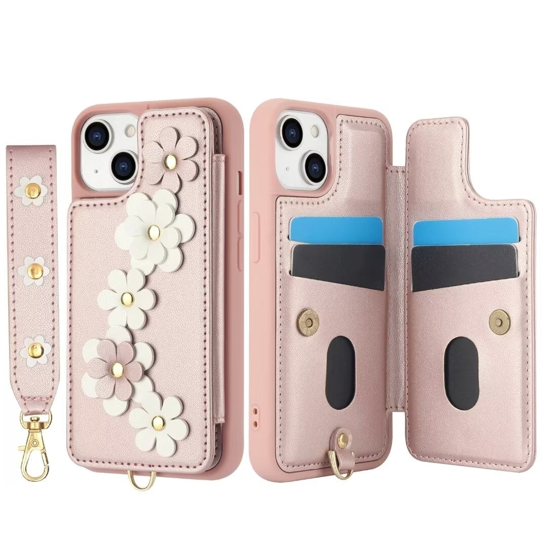 Luxury Crossbody Wallet Leather iPhone Case – 3D Flower Design, Card Slot, Wrist Strap, Magnetic Closure, Protective Cover