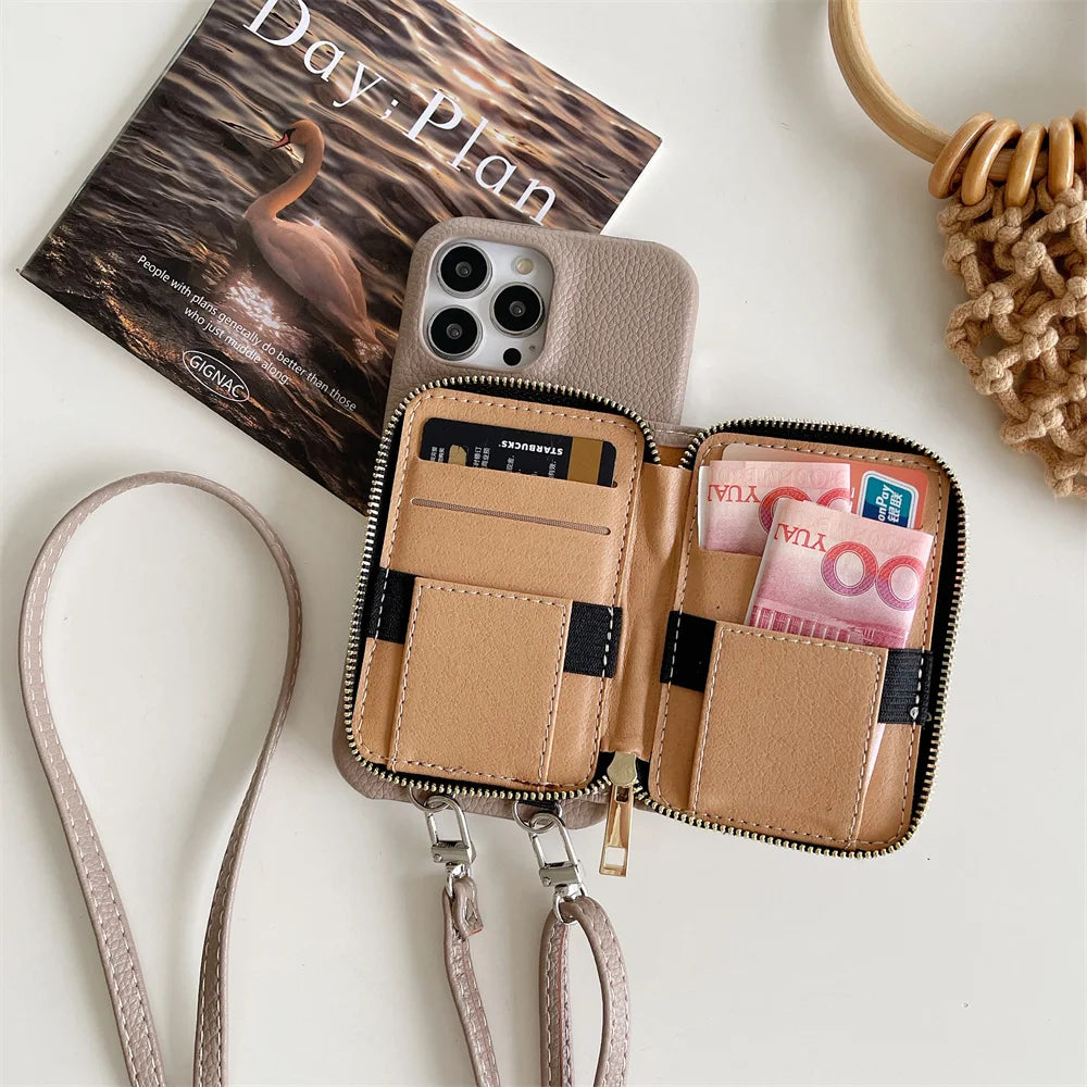 Luxury Zipper Wallet Crossbody iPhone Case – Leather Cover with , Shoulder Lanyard, and Full Protection for iPhone Models