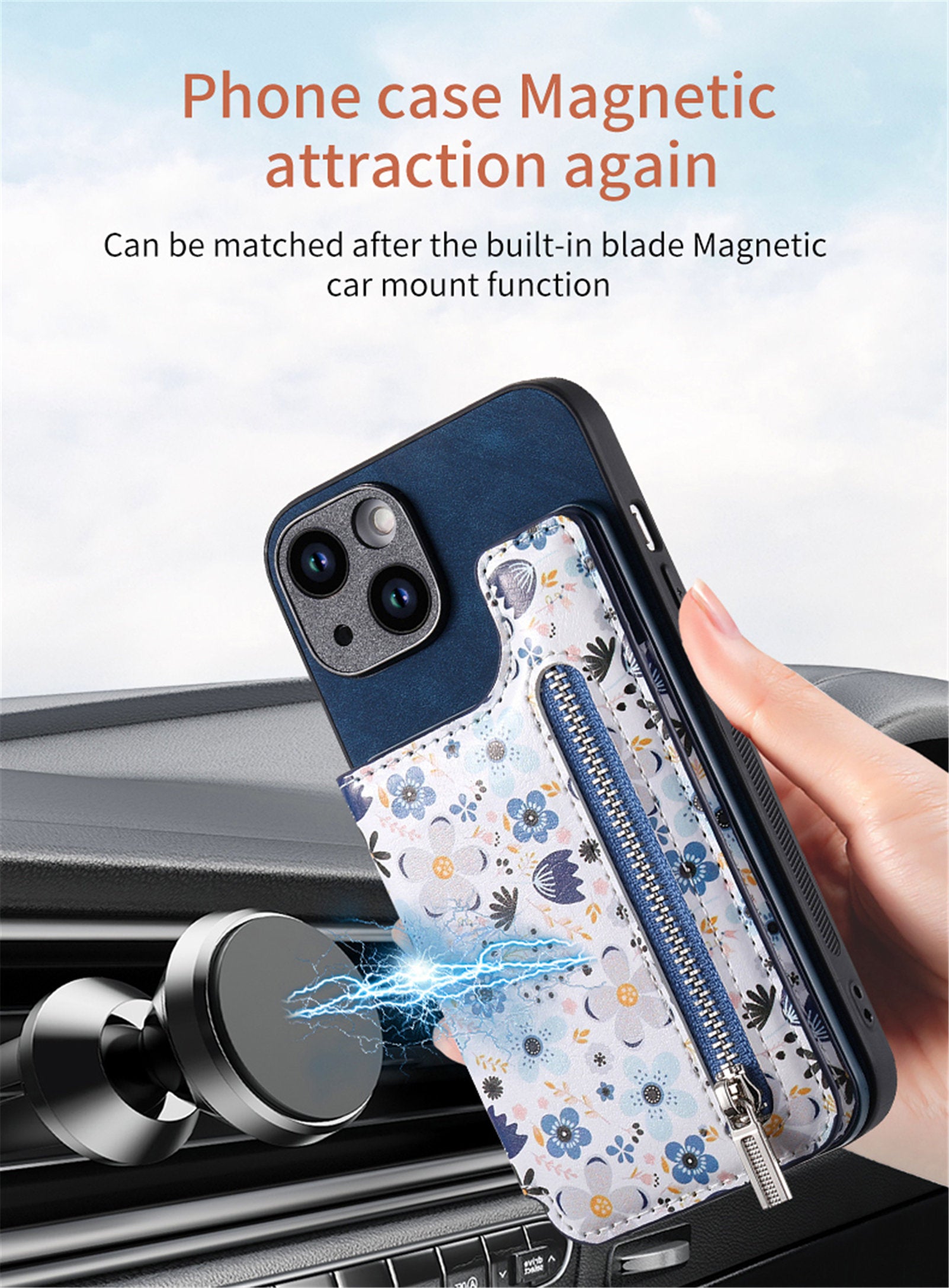 Zipper Card Slot Wallet iPhone Case – Magnetic Closure, Purse Pocket, Floral Design, Shockproof Protective Cover for iPhone