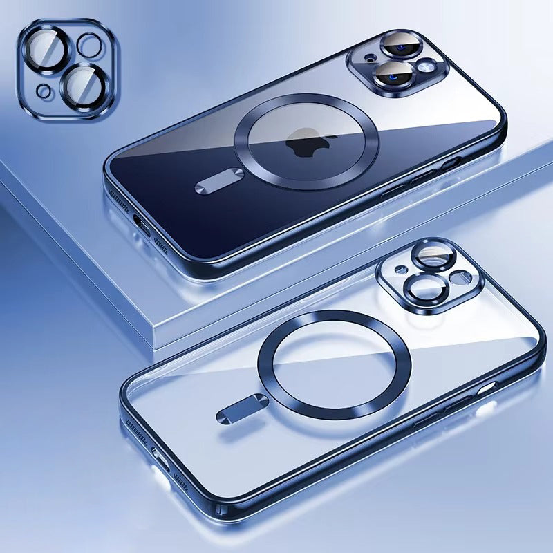 Luxury Apple iPhone Case, MagSafe Compatible, Camera Lens & Screen Protection, Ultra Thin, Shockproof, Magnetic Full All Around Cover – Plating Transparent Silicone TPU Case with Magnetic Back & Lens Film Protection
