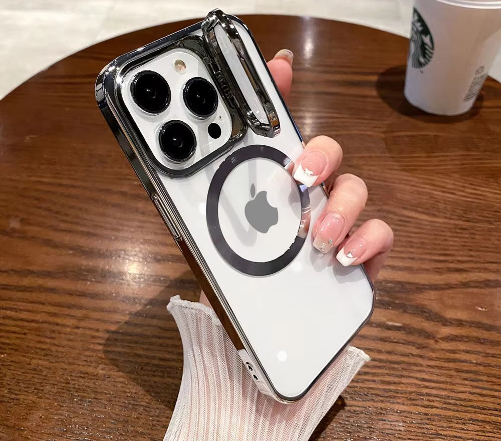 Luxury Apple iPhone Case Ultra Thin Shockproof Magnetic Full All Around Protection Cover with Transparent Plating Bracket