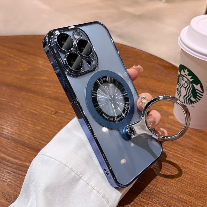 Luxury Ring Holder - Transparent Hard Acrylic Cover, Built-in Bracket, Magnetic Wireless Charging Compatible  Case for iPhone