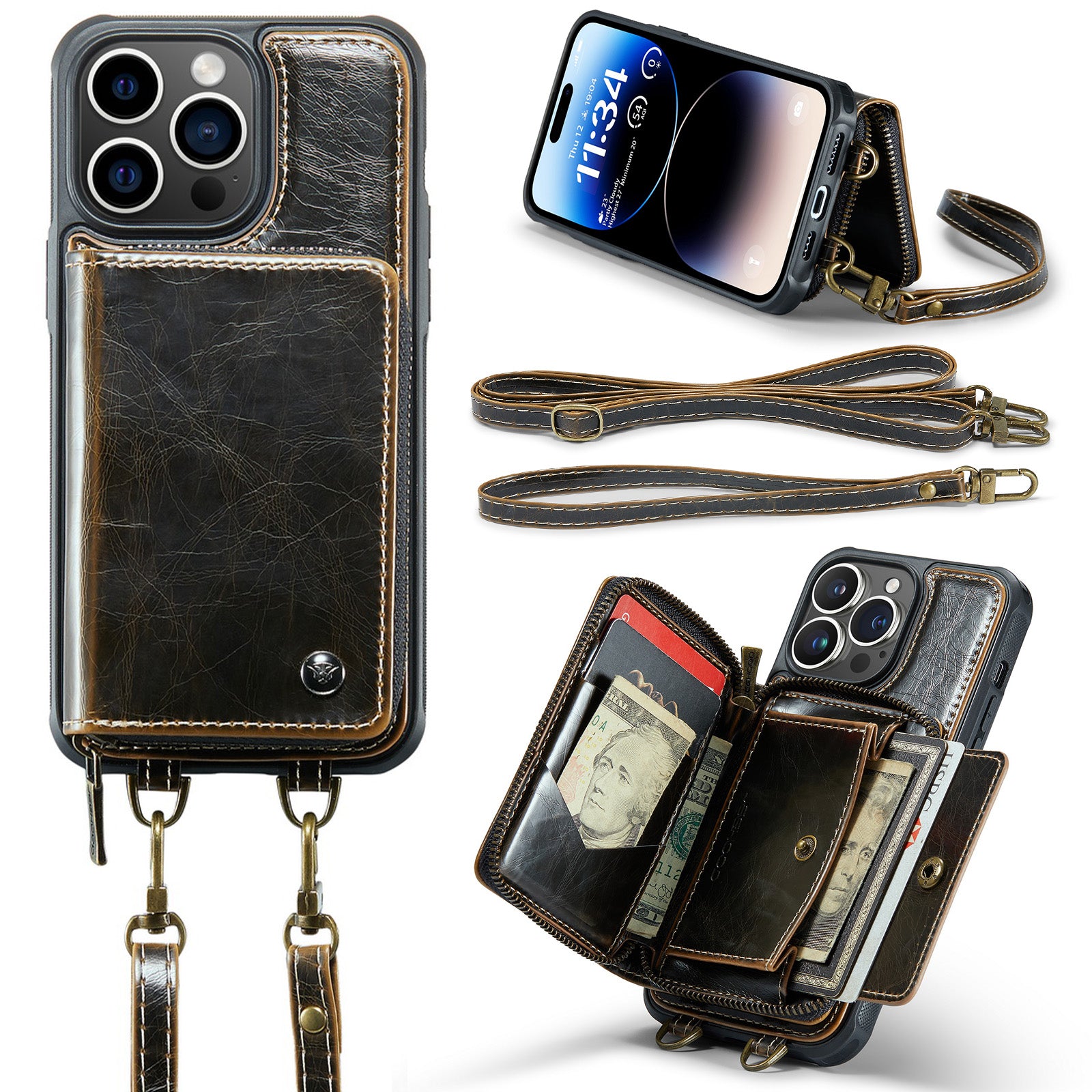 Luxury Leather Wallet Crossbody iPhone Case – Card Slot Holder, Stand Function, Hand Lanyard Strap, Shockproof Protection for iPhone