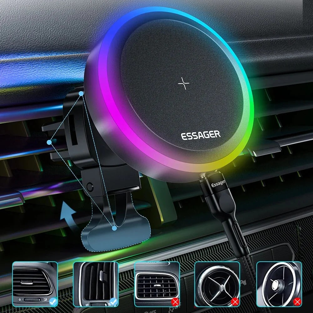 Premium, RGB, Magnetic Car Phone Holder, with 15W Qi Wireless Charging, Dashboard or Vent Mount, Fast Charger Stand for iPhone