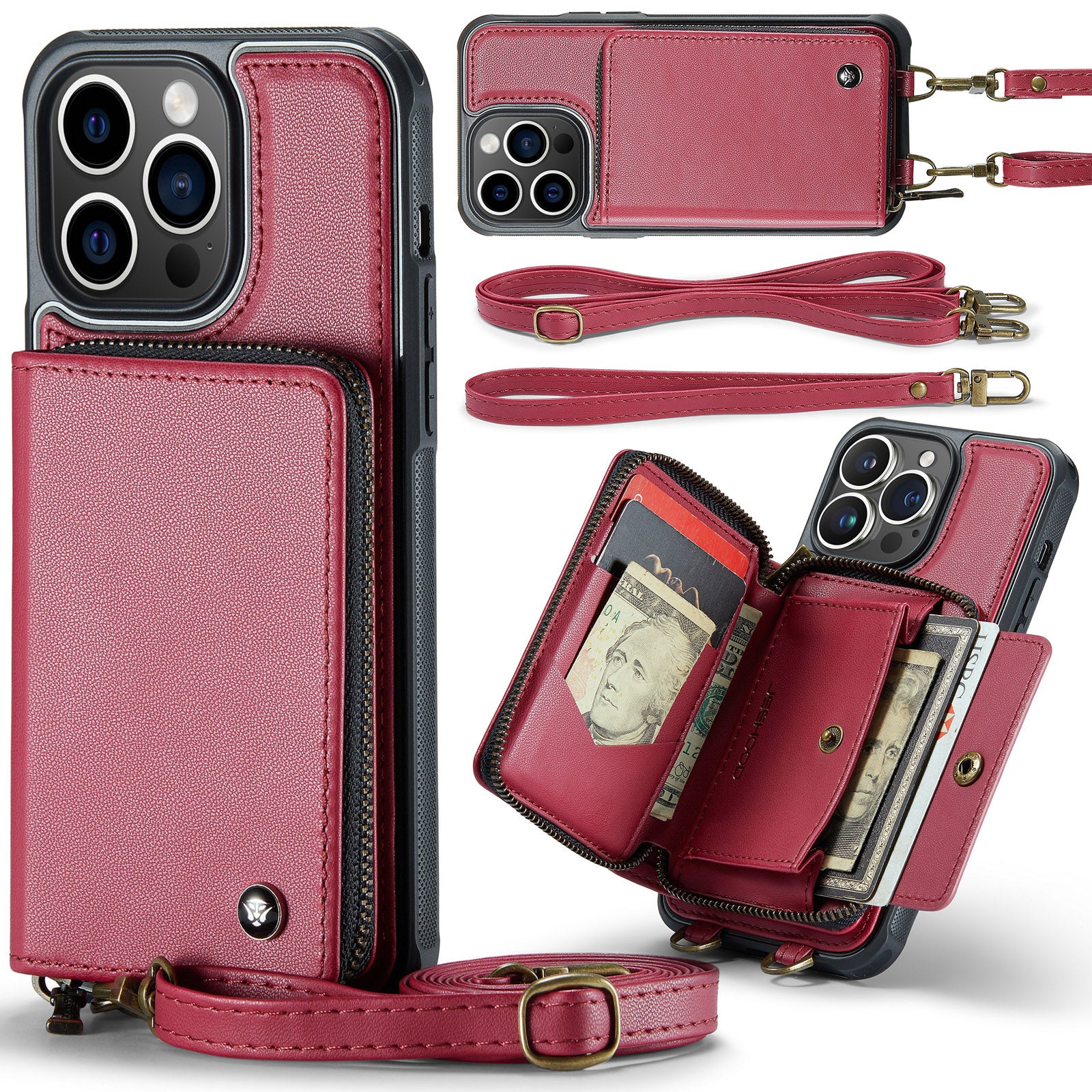 Luxury Leather Wallet Crossbody iPhone Case – Card Slot Holder, Stand Function, Hand Lanyard Strap, Shockproof Protection for iPhone