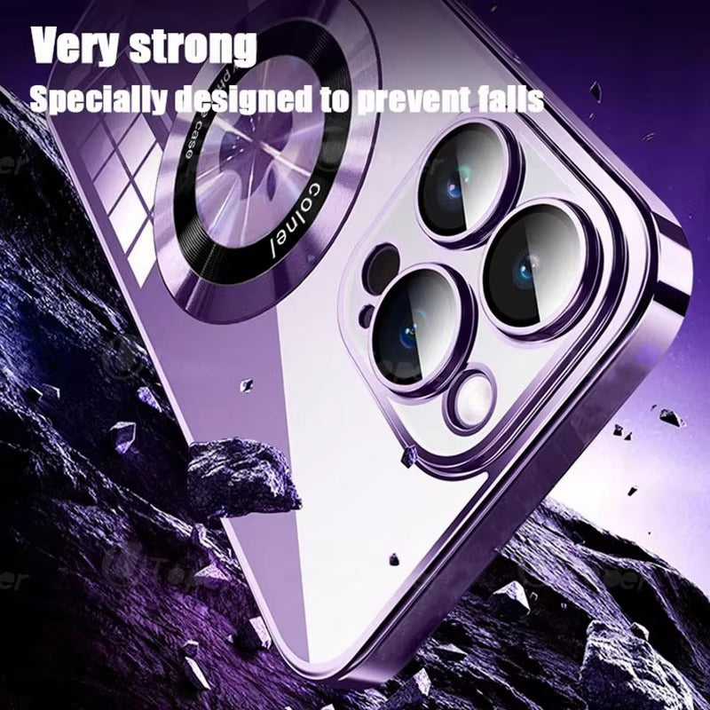 Luxury Apple iPhone Case, MagSafe Compatible, Camera Lens & Screen Protection, Ultra Thin, Shockproof, Magnetic Full All Around Cover – Clear Plating TPU Case with Wireless Charging & Lens Film Protection