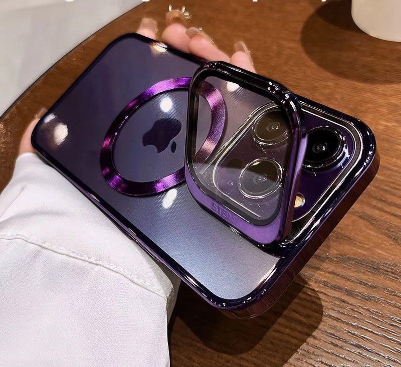 Luxury Apple iPhone Case Ultra Thin Shockproof Magnetic Full All Around Protection Cover with Transparent Plating Bracket
