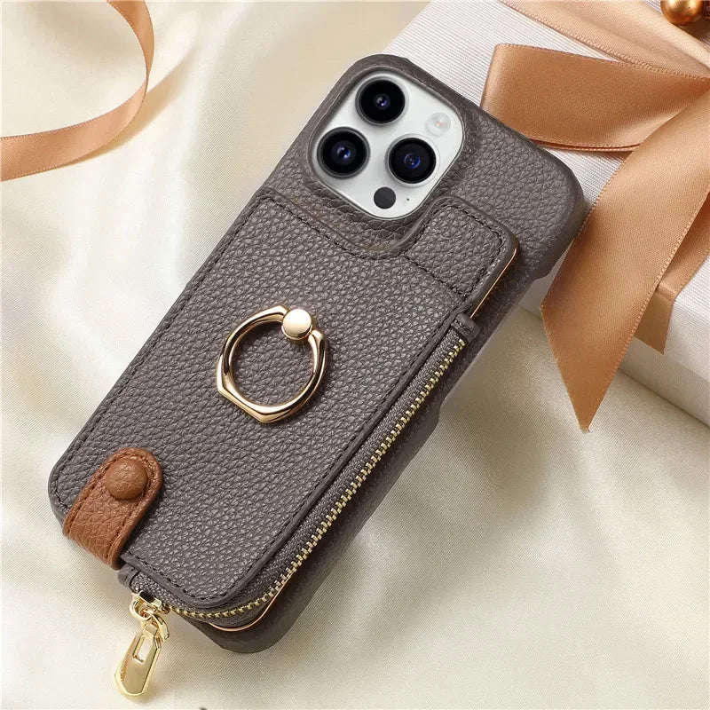 Luxury Leather Zipper Wallet iPhone Case – Card Holder, Ring Kickstand, Shockproof Cover for iPhone Models