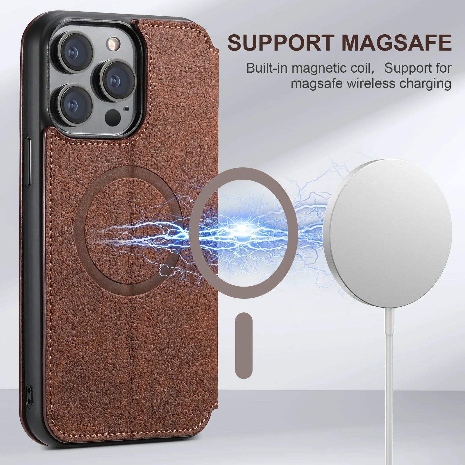 Luxury Leather Magnetic Flip iPhone Case – MagSafe Wallet Card Holder, Wireless Charging Compatible, Shockproof Protection, Elegant Design for iPhone Models