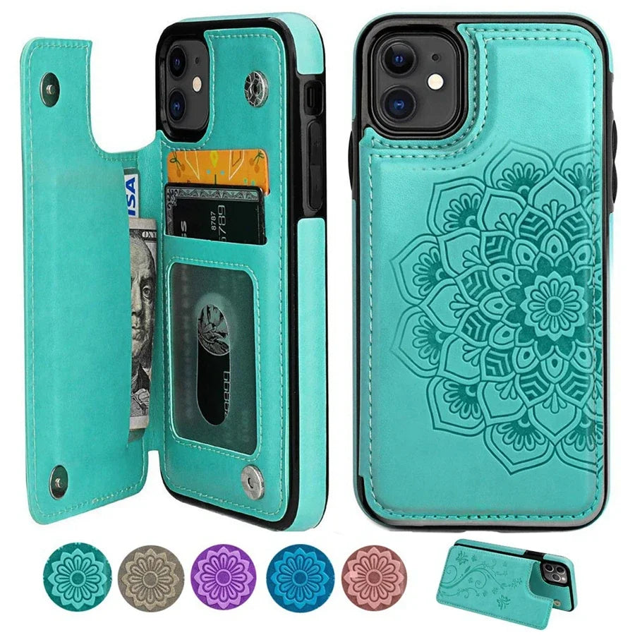 Luxury Wallet Datura Double Buckle iPhone Case – Magnetic Flip, Card Slot, Protective & Stylish Leather Cover Case for iPhone