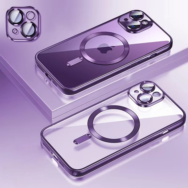 Luxury Apple iPhone Case, MagSafe Compatible, Camera Lens & Screen Protection, Ultra Thin, Shockproof, Magnetic Full All Around Cover – Plating Transparent Silicone TPU Case with Magnetic Back & Lens Film Protection