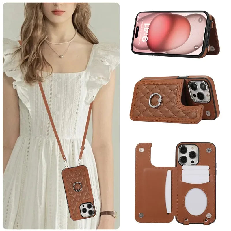 Luxury Crossbody RFID Leather Wallet iPhone Case – Card Slot, Ring Holder, Double Buckle, Lanyard Bag Cover, Magnetic Closure
