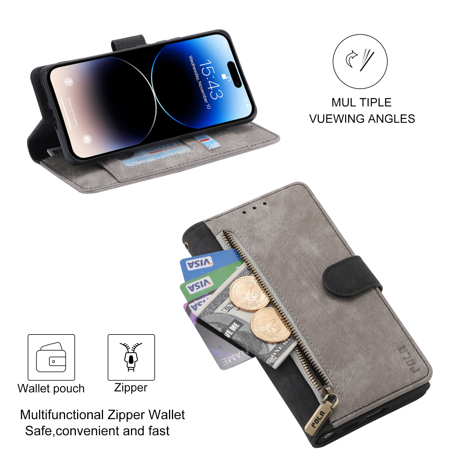 RFID Blocking Leather Wallet iPhone Case – Zipper Flip Cover, Card Slot Holder, Magnetic Stand, Shockproof Protection, Premium Design for iPhone