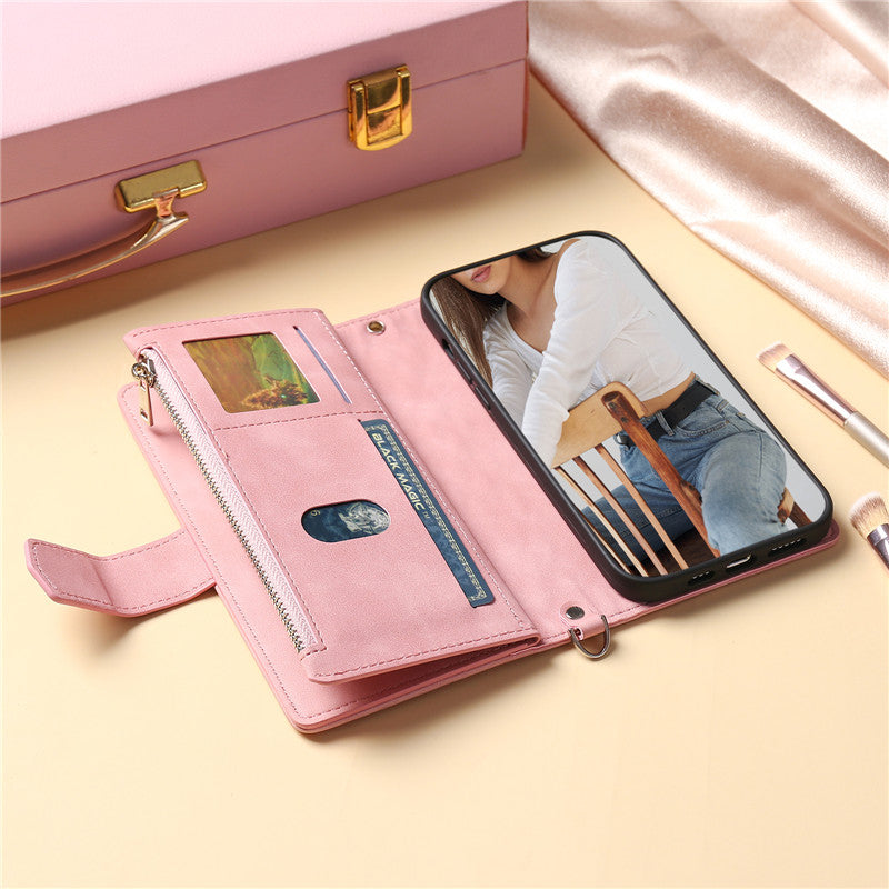Luxury Flip Leather Wallet iPhone Case – Long Lanyard, Zipper Closure, Card Holder, and Premium Design for iPhone