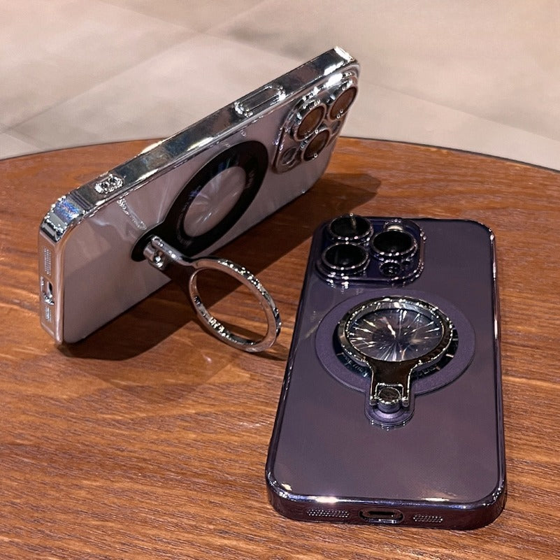 Luxury Ring Holder - Transparent Hard Acrylic Cover, Built-in Bracket, Magnetic Wireless Charging Compatible  Case for iPhone