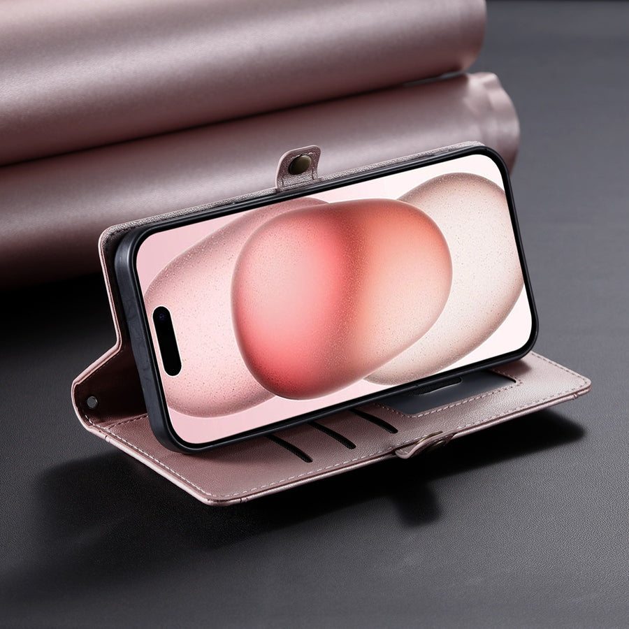 Luxury Dual-Layer Wallet iPhone Case – Flip Leather Cover with Card Slots, Photo Frame, 2 Lanyards, Shockproof Protection, and Stand Feature for iPhone