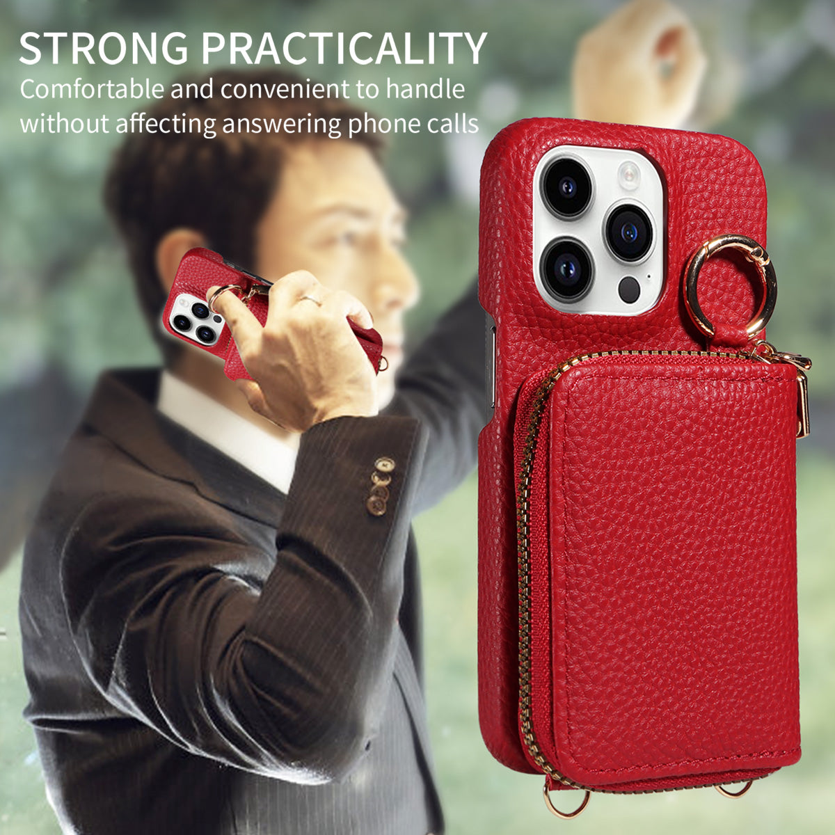 Luxury Zipper Wallet Crossbody iPhone Case Leather Cover with Card Holder Lanyard Strap and Full Protection for iPhone Models