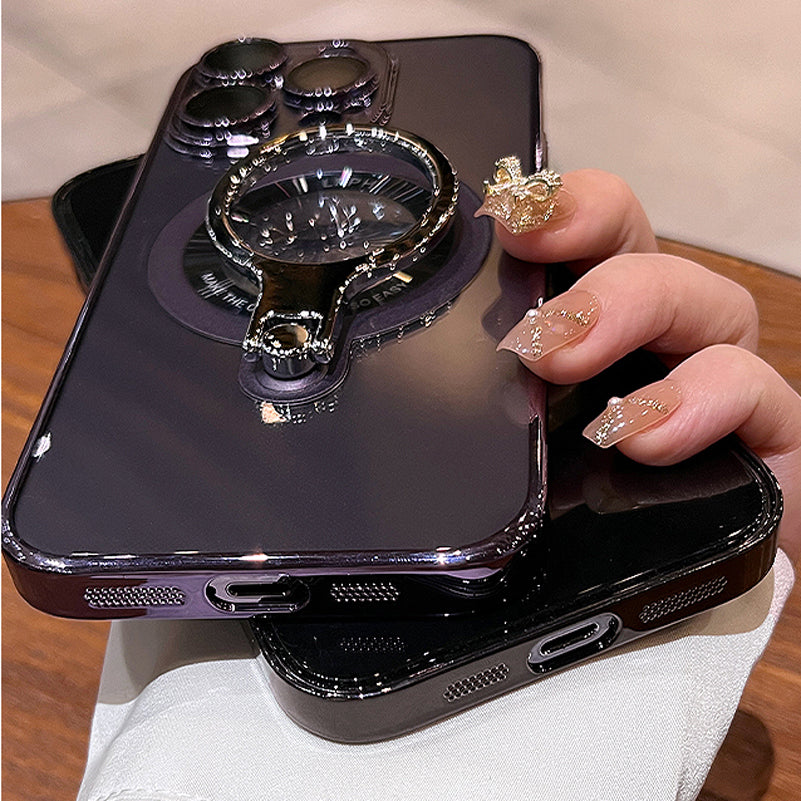 Luxury Ring Holder - Transparent Hard Acrylic Cover, Built-in Bracket, Magnetic Wireless Charging Compatible  Case for iPhone