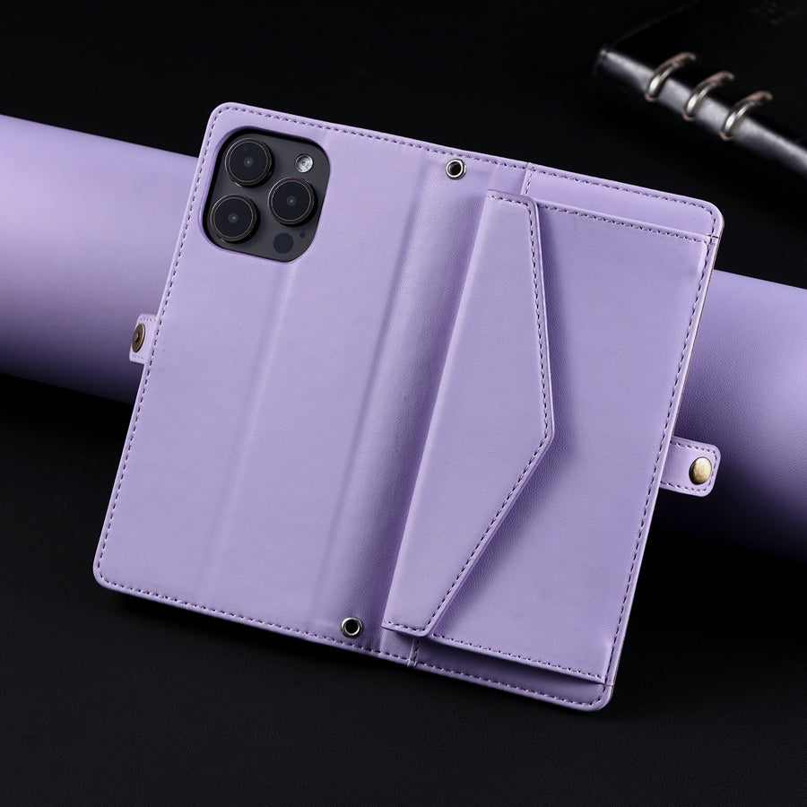 Luxury Dual-Layer Wallet iPhone Case – Flip Leather Cover with Card Slots, Photo Frame, 2 Lanyards, Shockproof Protection, and Stand Feature for iPhone