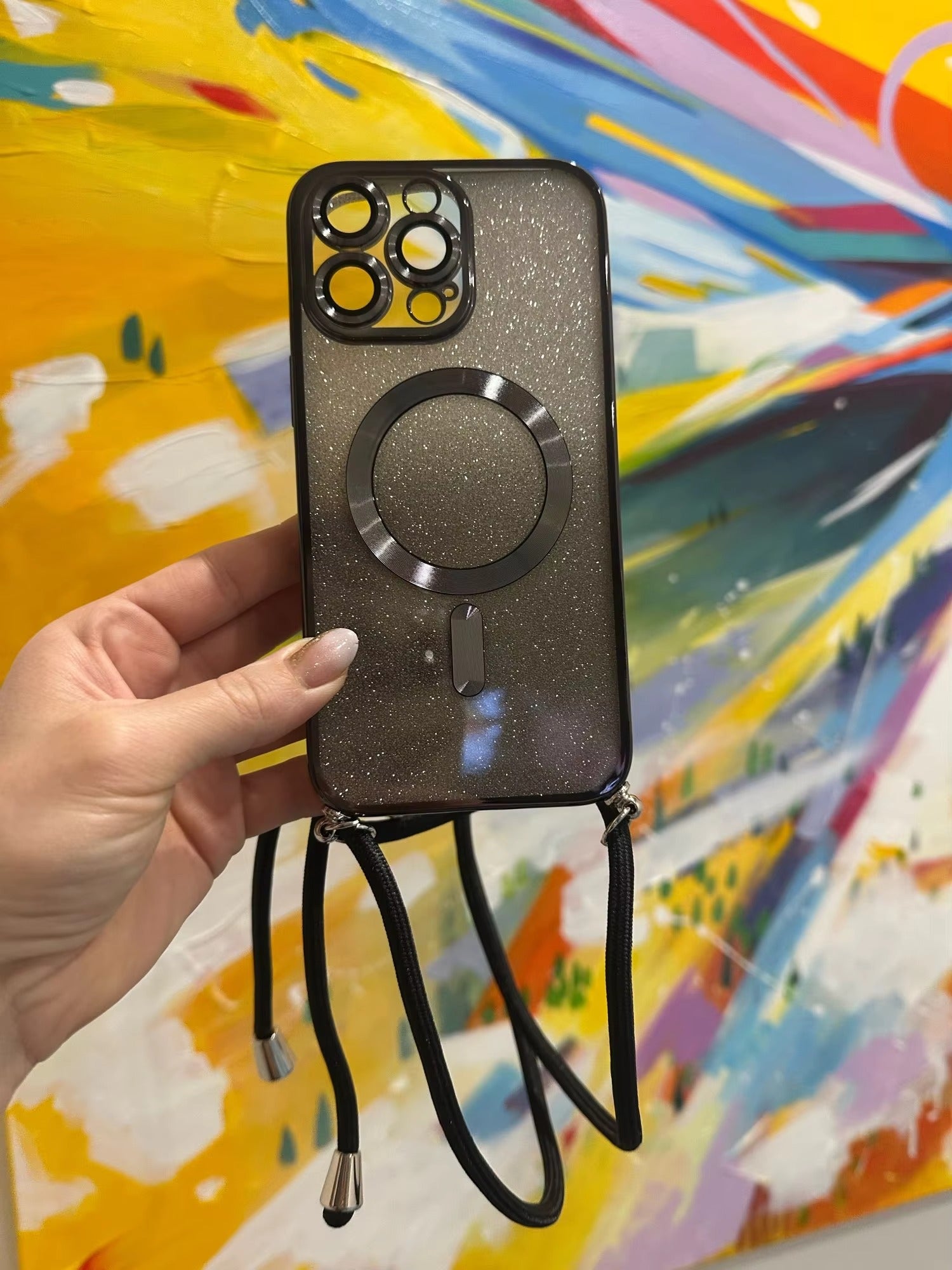 Premium Glitter Crossbody Apple iPhone Case, MagSafe Compatible, Ultra Thin Magnetic Shockproof Full Cover 