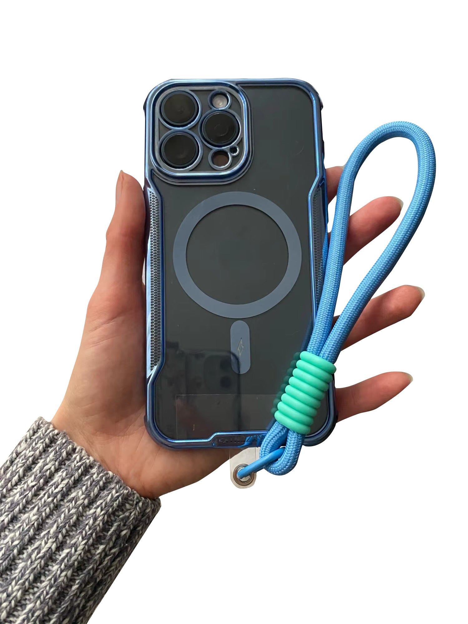 High Quality Apple iPhone Case, MagSafe Compatible, Camera Lens & Screen Protection, Ultra Thin, Shockproof, Magnetic Full All Around Cover – Blade Mecha TPU Transparent Case with Plating Finish & Wrist Strap