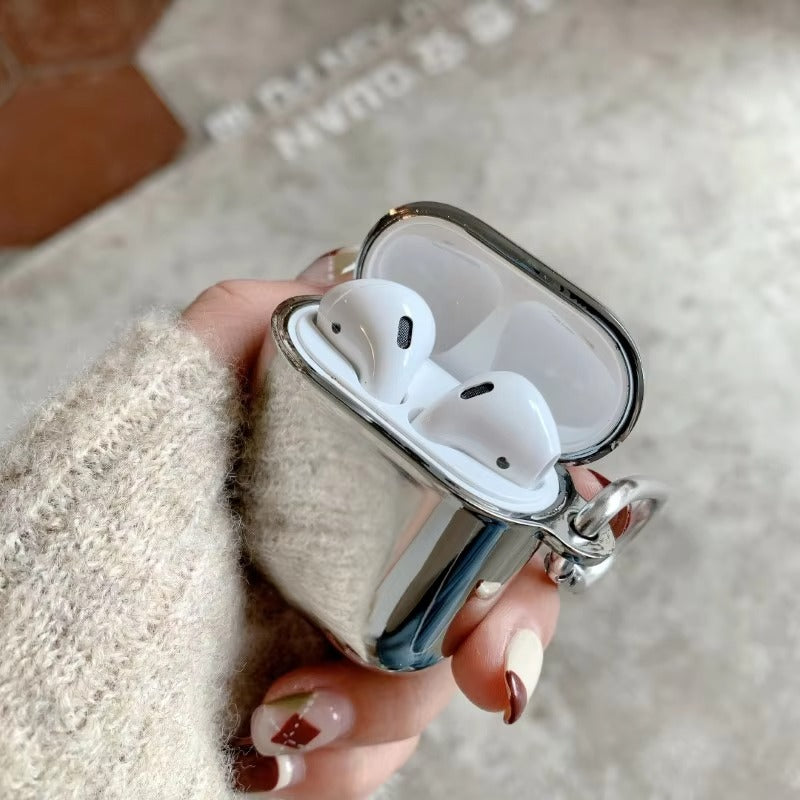 Luxury Electroplated Metal Case for AirPods 1, 2, 3, Pro – Silver Protective Cover with Keychain, Shockproof Earphone Shell for Wireless Charging Case