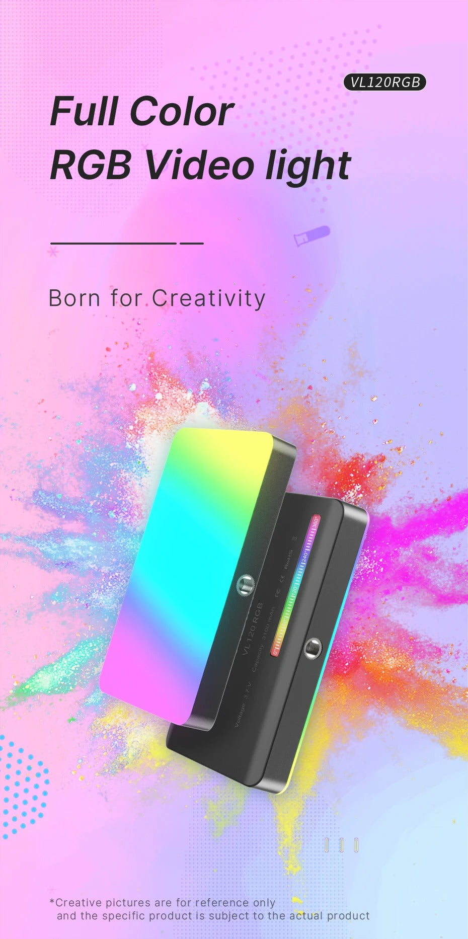 High Quality RGB LED Video Light Panel for Camera & Phone – 2500-9000K Bi-Color, CRI 95+, Diffuser, 3100mAh Battery, 360° Mount, 120 Lamp Beads