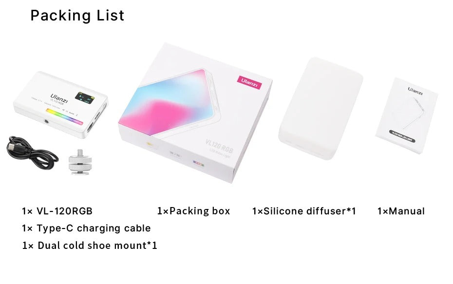 High Quality RGB LED Video Light Panel for Camera & Phone – 2500-9000K Bi-Color, CRI 95+, Diffuser, 3100mAh Battery, 360° Mount, 120 Lamp Beads