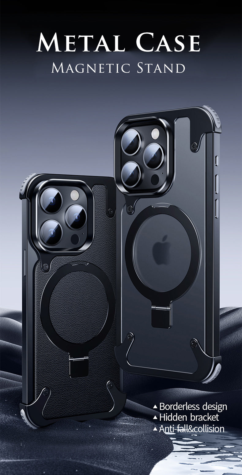 Premium Magnetic Stand Phone Case – Aluminum Alloy, Rimless Frosted Matte, Durable & Stylish Shockproof Cover Case for iPhone