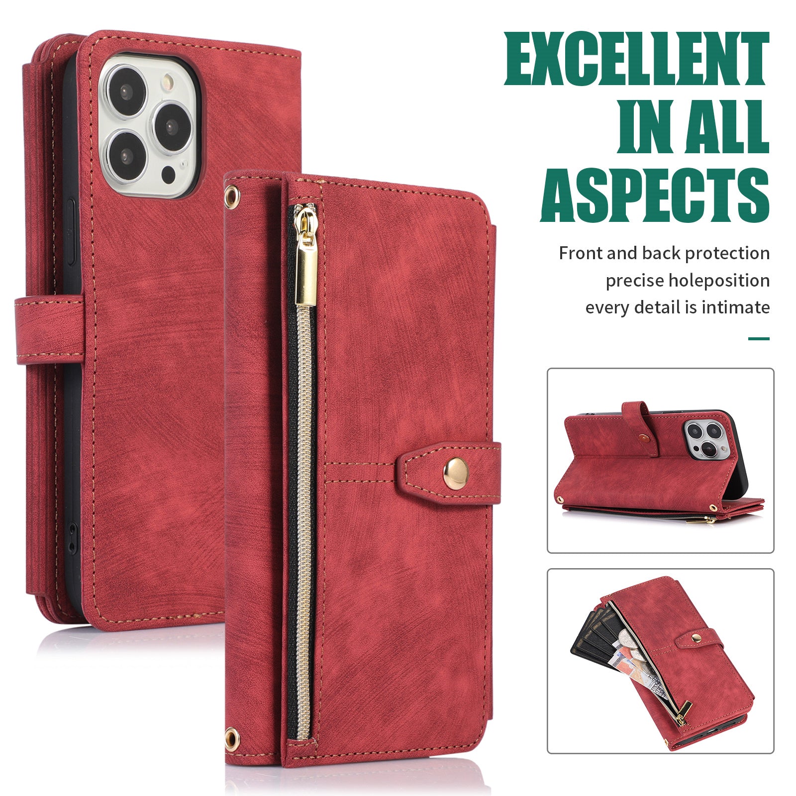 Luxury Crossbody Zipper Wallet iPhone Case – Leather Card Holder, Lanyard Strap, Closure Hands-Free Convenience for iPhone