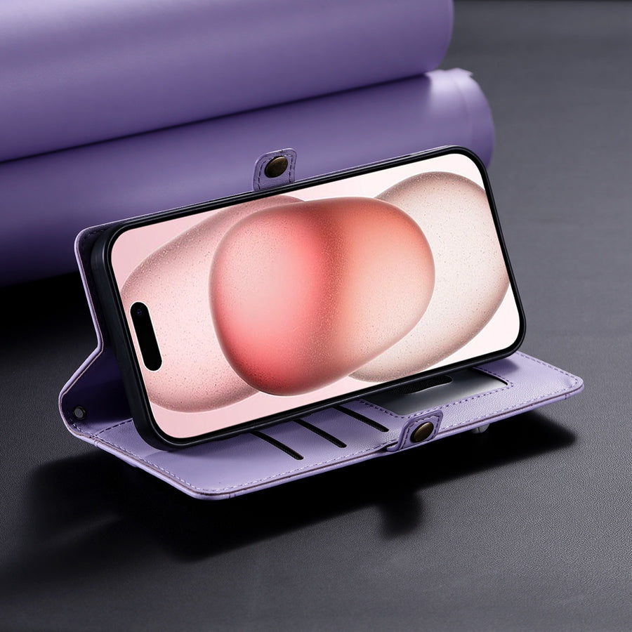 Luxury Dual-Layer Wallet iPhone Case – Flip Leather Cover with Card Slots, Photo Frame, 2 Lanyards, Shockproof Protection, and Stand Feature for iPhone