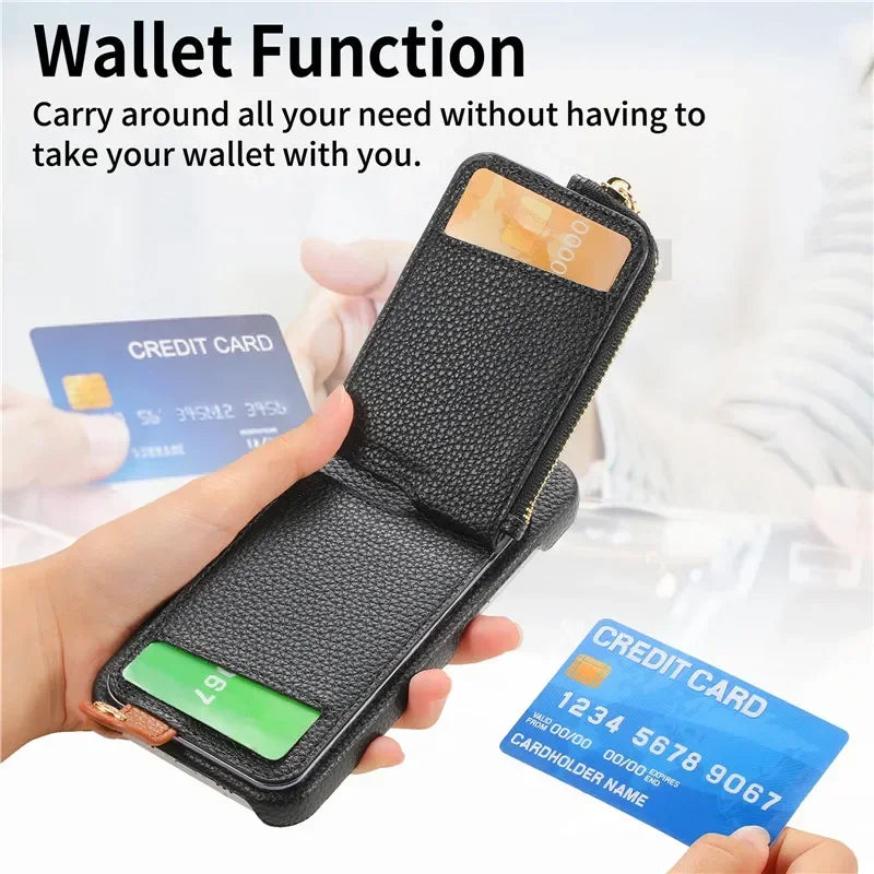 Luxury Leather Zipper Wallet iPhone Case – Card Holder, Ring Kickstand, Shockproof Cover for iPhone Models